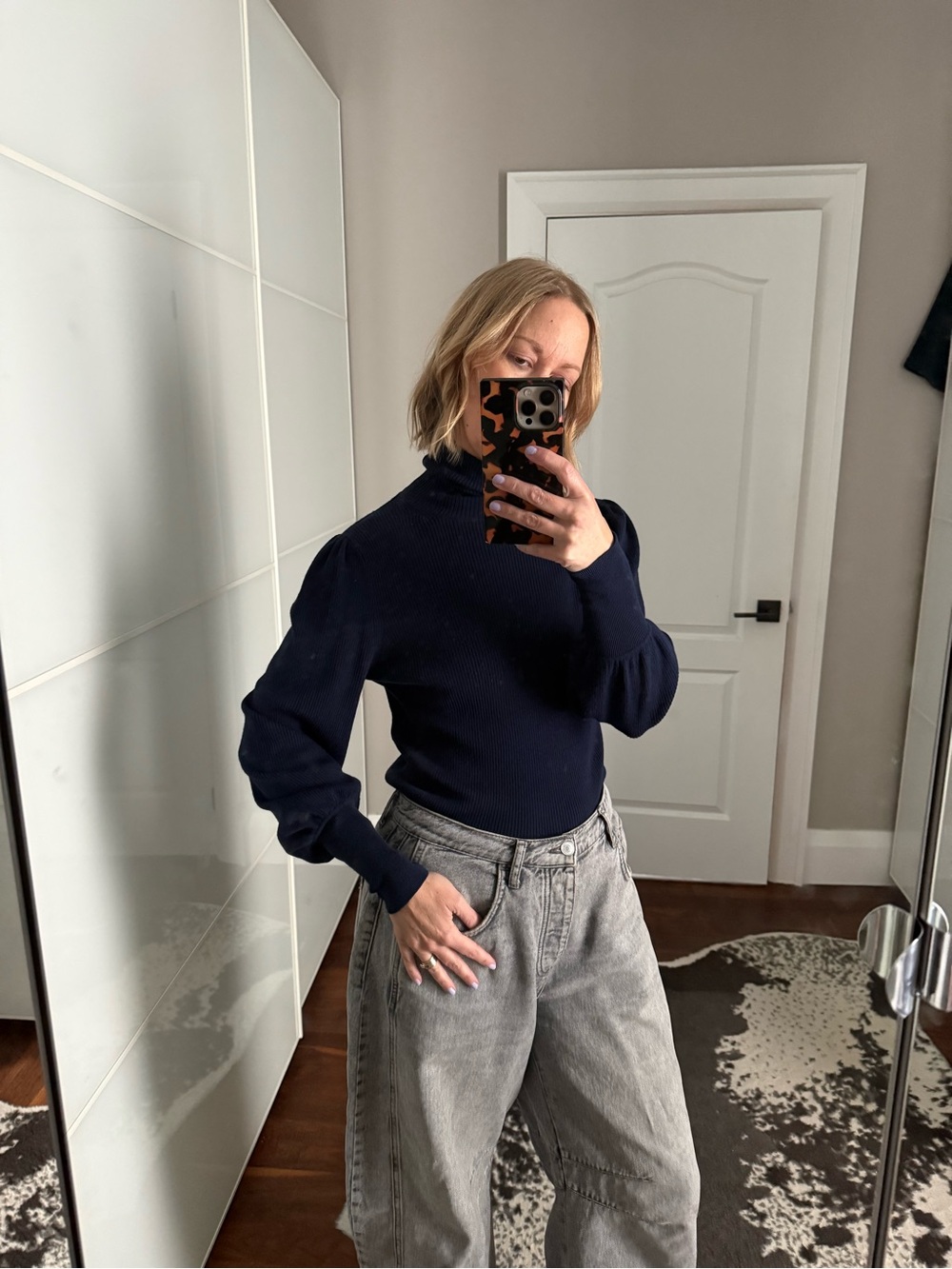 J. Crew Merino Wool Navy Turtleneck Ribbed Puff-Sleeve Sweater - Picture 2 of 5